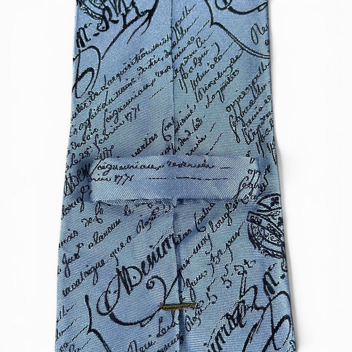 Excellent BERLUTI tie Crest Calligraphy Light blue silk mens