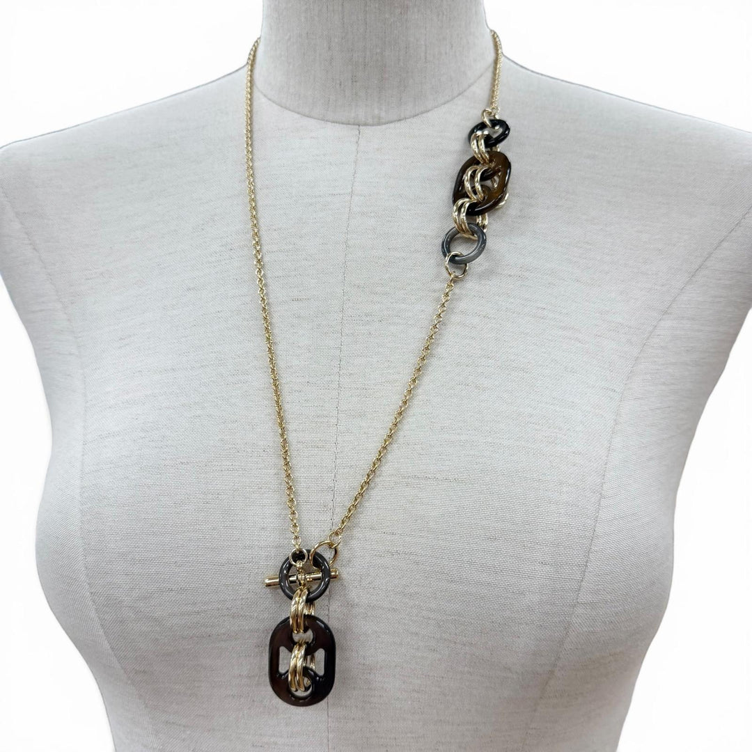 Excellent HERMES Necklace Pendant Eurydice PM Chain Brown Buffalo horn Women