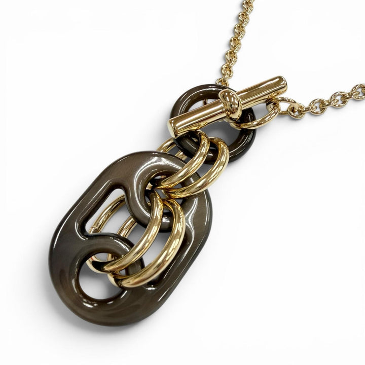 Excellent HERMES Necklace Pendant Eurydice PM Chain Brown Buffalo horn Women