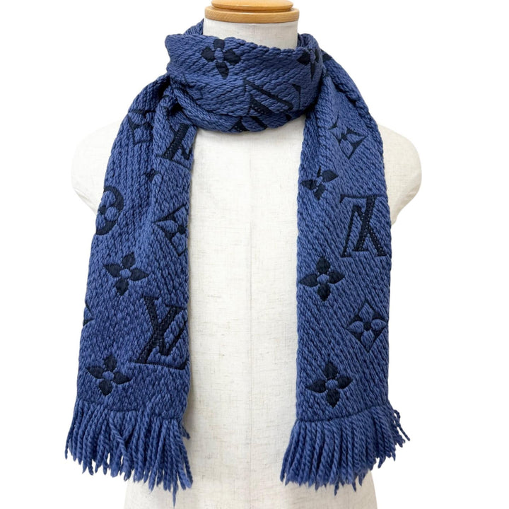 Great LOUIS VUITTON Scarf Esharp Logomania fringe blue wool mens M70812