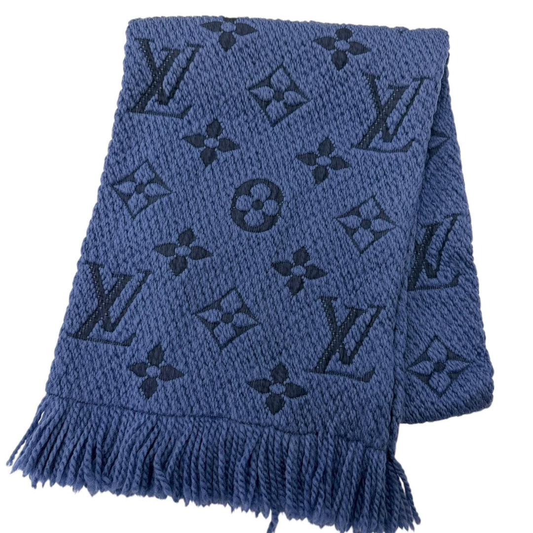 Great LOUIS VUITTON Scarf Esharp Logomania fringe blue wool mens M70812