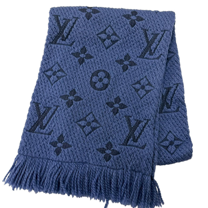 Great LOUIS VUITTON Scarf Esharp Logomania fringe blue wool mens M70812