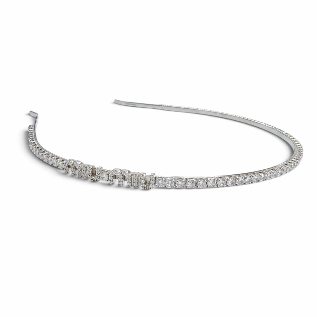 Great MIUMIU Katyusha Logo Rigid Crystal Rhinestone Hair Accessory Silver 5JH081