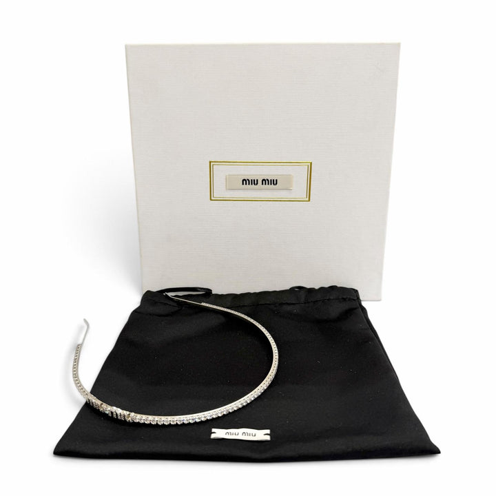 Great MIUMIU Katyusha Logo Rigid Crystal Rhinestone Hair Accessory Silver 5JH081