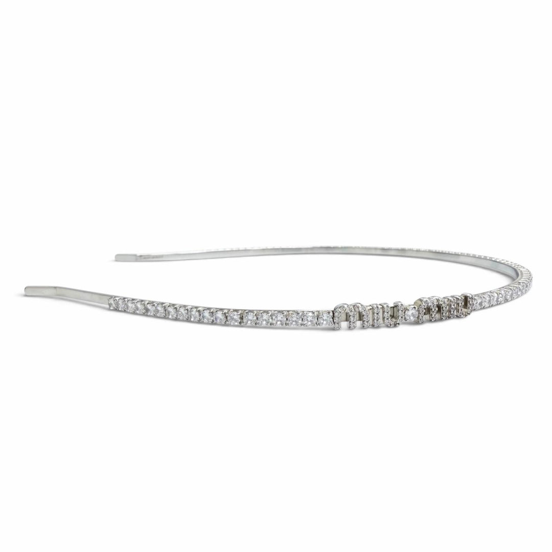 Great MIUMIU Katyusha Logo Rigid Crystal Rhinestone Hair Accessory Silver 5JH081