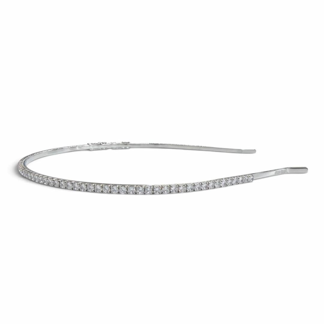 Great MIUMIU Katyusha Logo Rigid Crystal Rhinestone Hair Accessory Silver 5JH081