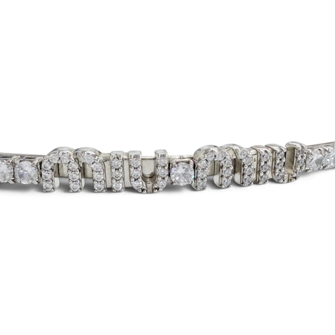 Great MIUMIU Katyusha Logo Rigid Crystal Rhinestone Hair Accessory Silver 5JH081