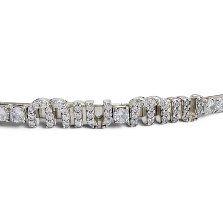Great MIUMIU Katyusha Logo Rigid Crystal Rhinestone Hair Accessory Silver 5JH081