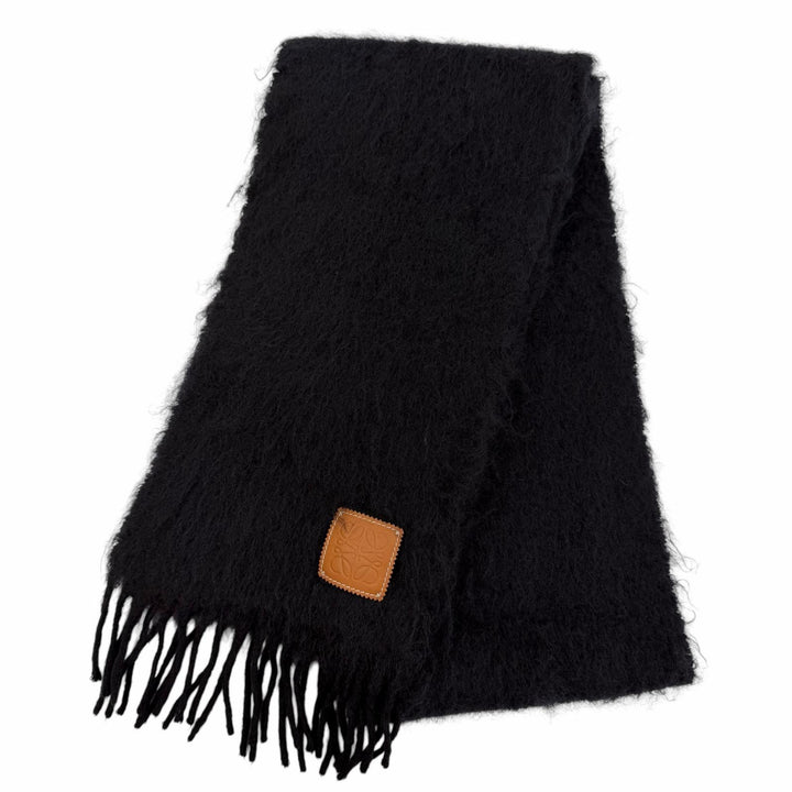 Great LOEWE Scarf Anagram leather patch fringe black mohair Women