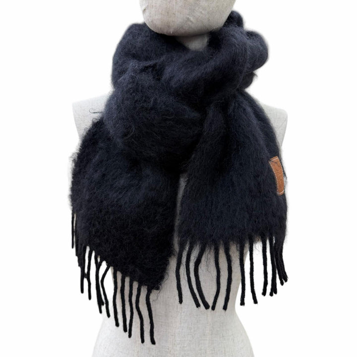 Great LOEWE Scarf Anagram leather patch fringe black mohair Women