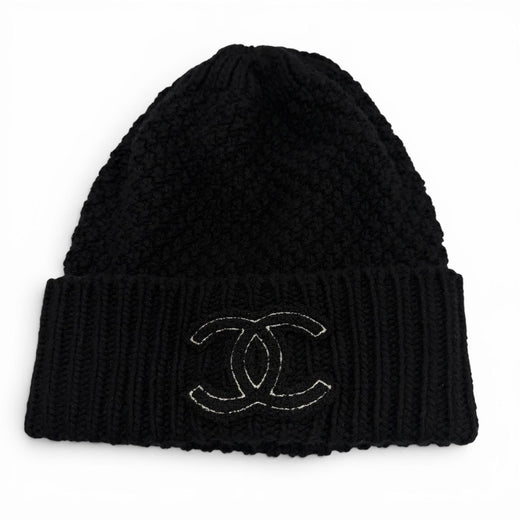 Great CHANEL Knit cap COCO Mark hat black cashmere Women