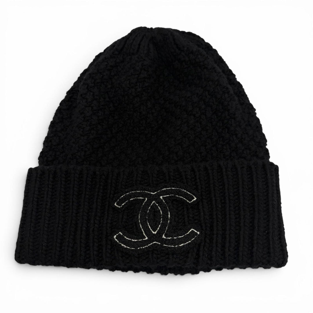 Great CHANEL Knit cap COCO Mark hat black cashmere Women