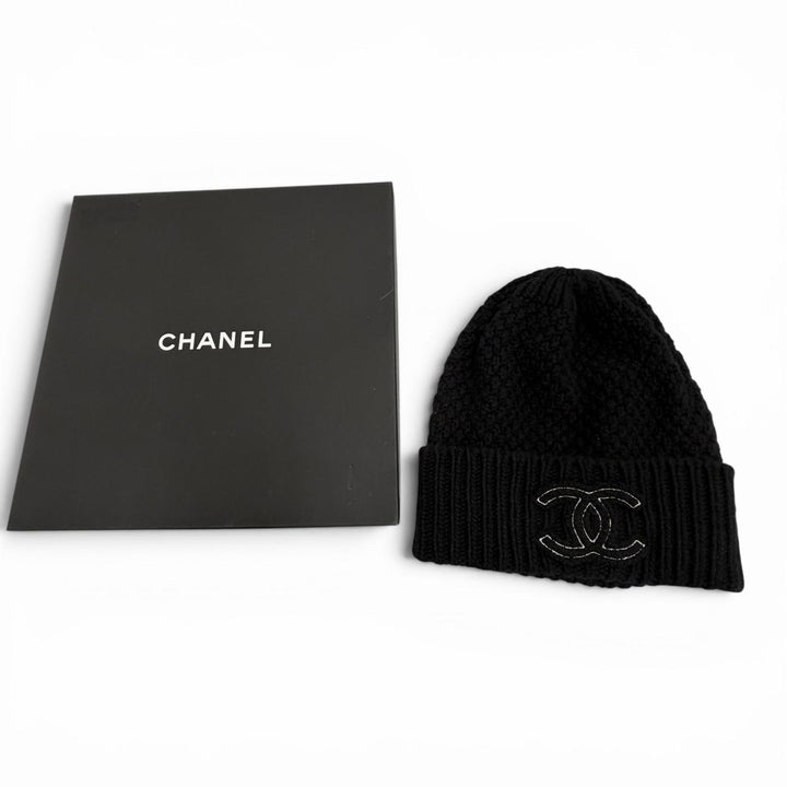 Great CHANEL Knit cap COCO Mark hat black cashmere Women