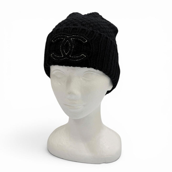 Great CHANEL Knit cap COCO Mark hat black cashmere Women