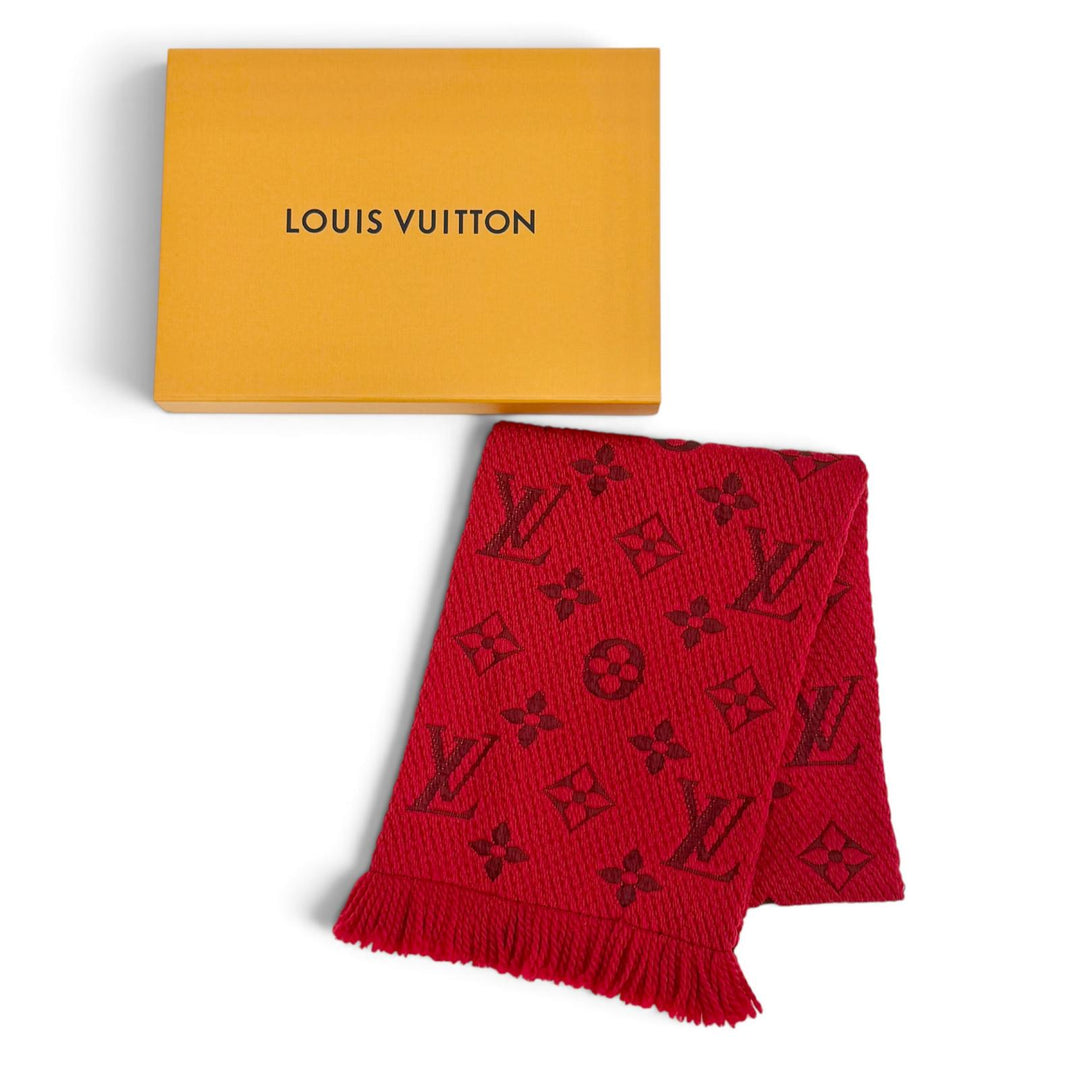 Great LOUIS VUITTON Scarf Escalp Logo Mania Monogram fringe Red wool M72432