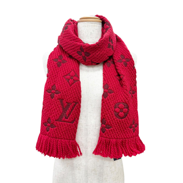 Great LOUIS VUITTON Scarf Escalp Logo Mania Monogram fringe Red wool M72432