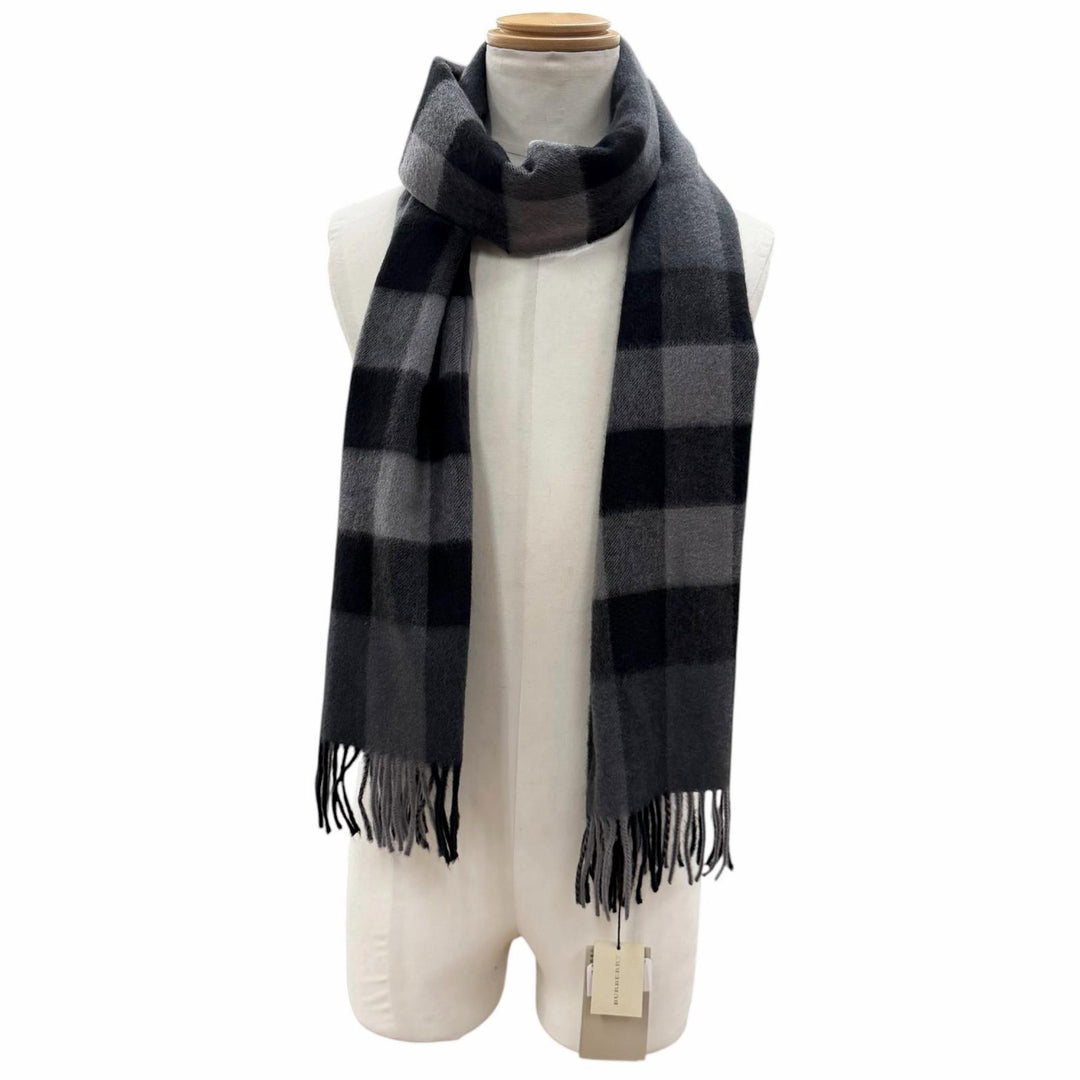 Pristine BURBERRY Scarf Check Pattern with fringe black cashmere mens 3766770