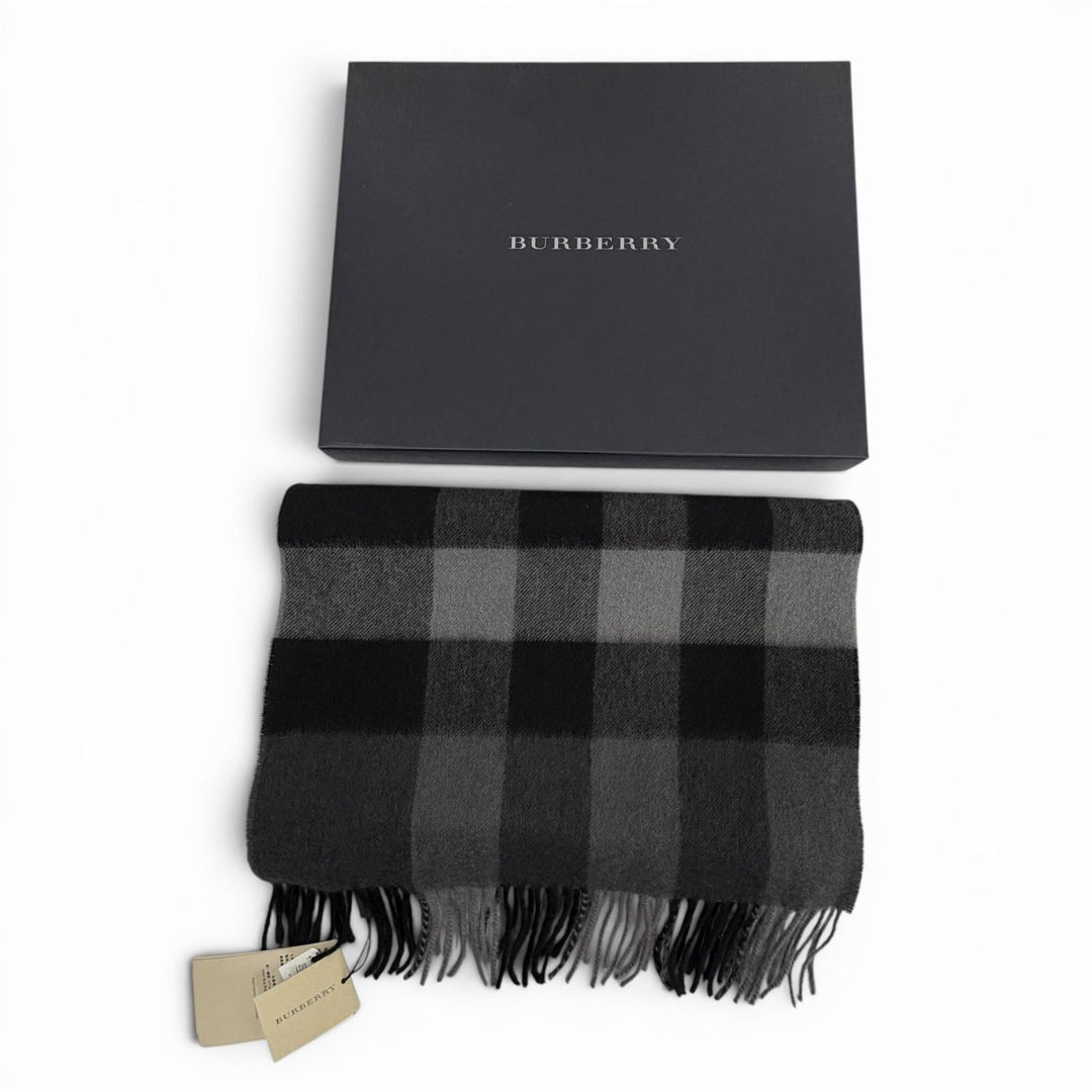 Pristine BURBERRY Scarf Check Pattern with fringe black cashmere mens 3766770
