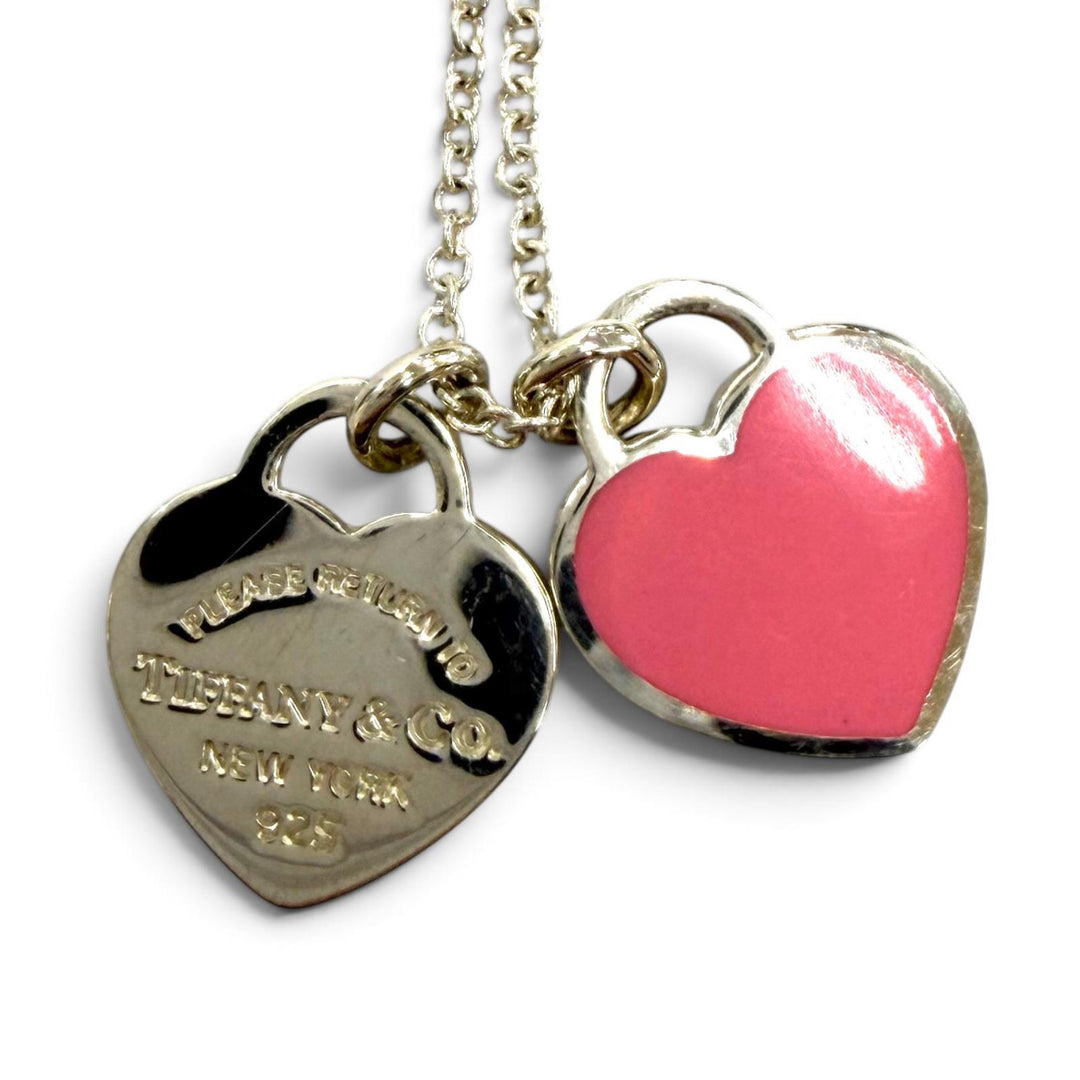 Great TIFFANY&Co. Necklace Pink Double Heart Tag Pendant Mini Silver AG925 Women