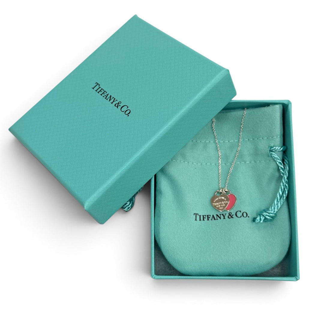 Great TIFFANY&Co. Necklace Pink Double Heart Tag Pendant Mini Silver AG925 Women