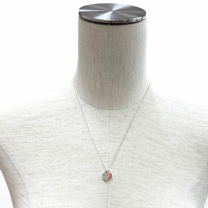 Great TIFFANY&Co. Necklace Pink Double Heart Tag Pendant Mini Silver AG925 Women