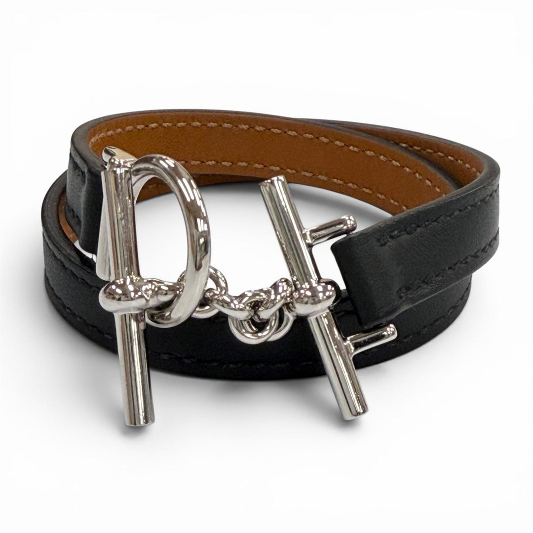 Excellent HERMES bracelet Croisier Double Tour black leather mens