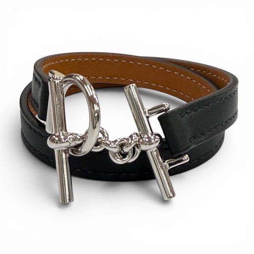 Excellent HERMES bracelet Croisier Double Tour black leather mens