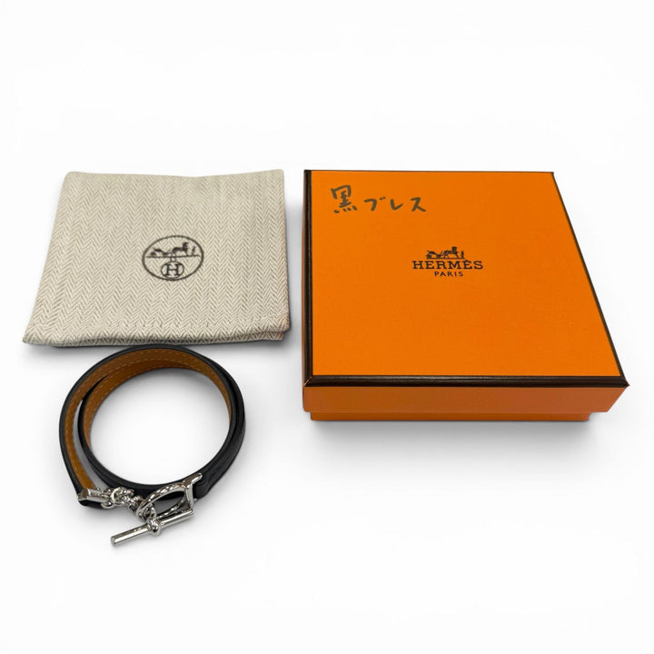 Excellent HERMES bracelet Croisier Double Tour black leather mens