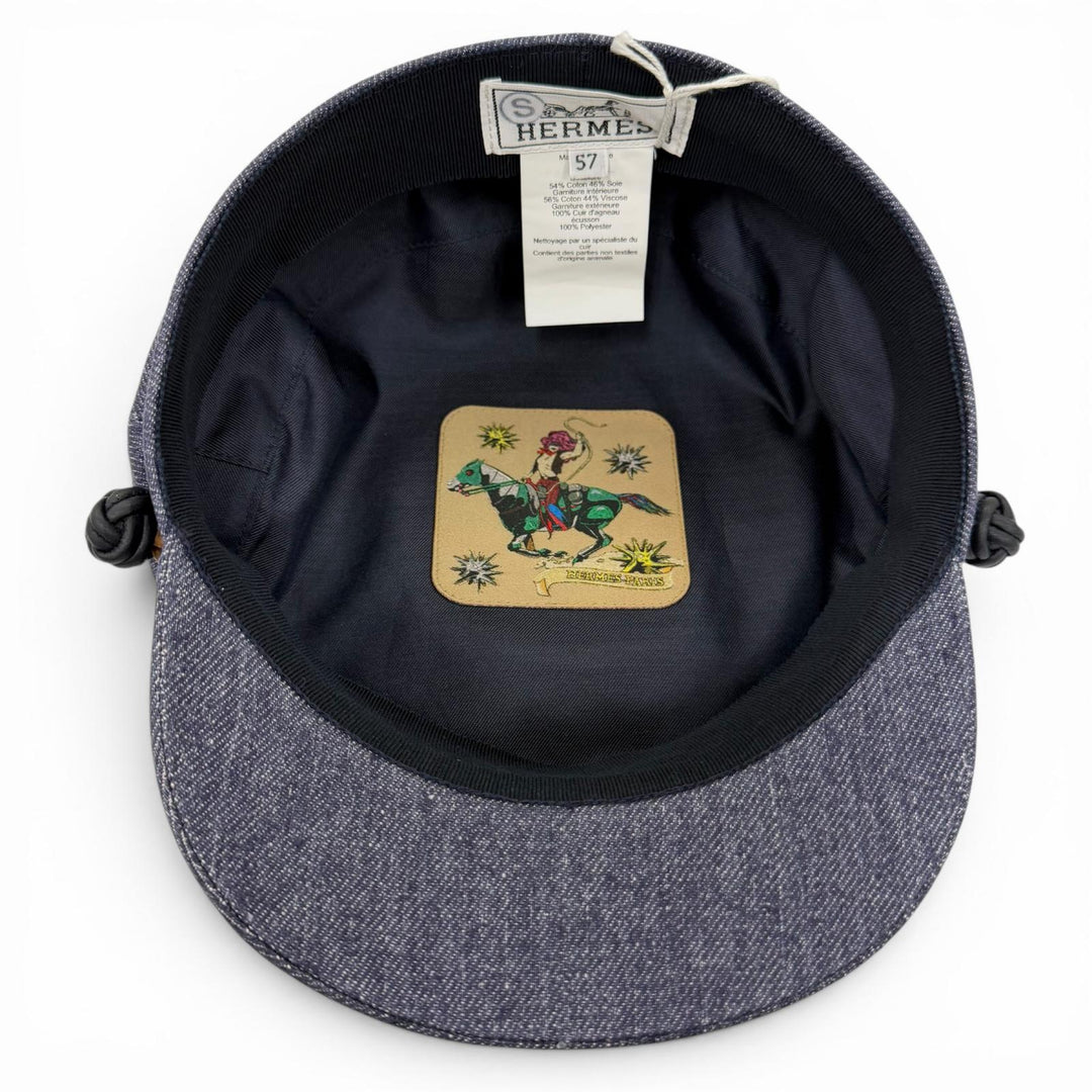 Pristine HERMES Casquette Kabul Leather accents on denim Indigo blue linen 7