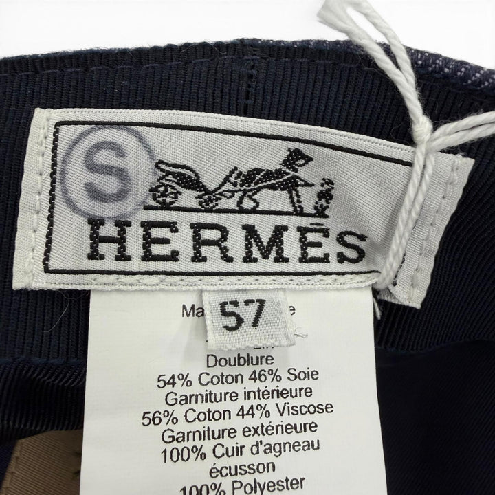 Pristine HERMES Casquette Kabul Leather accents on denim Indigo blue linen 7