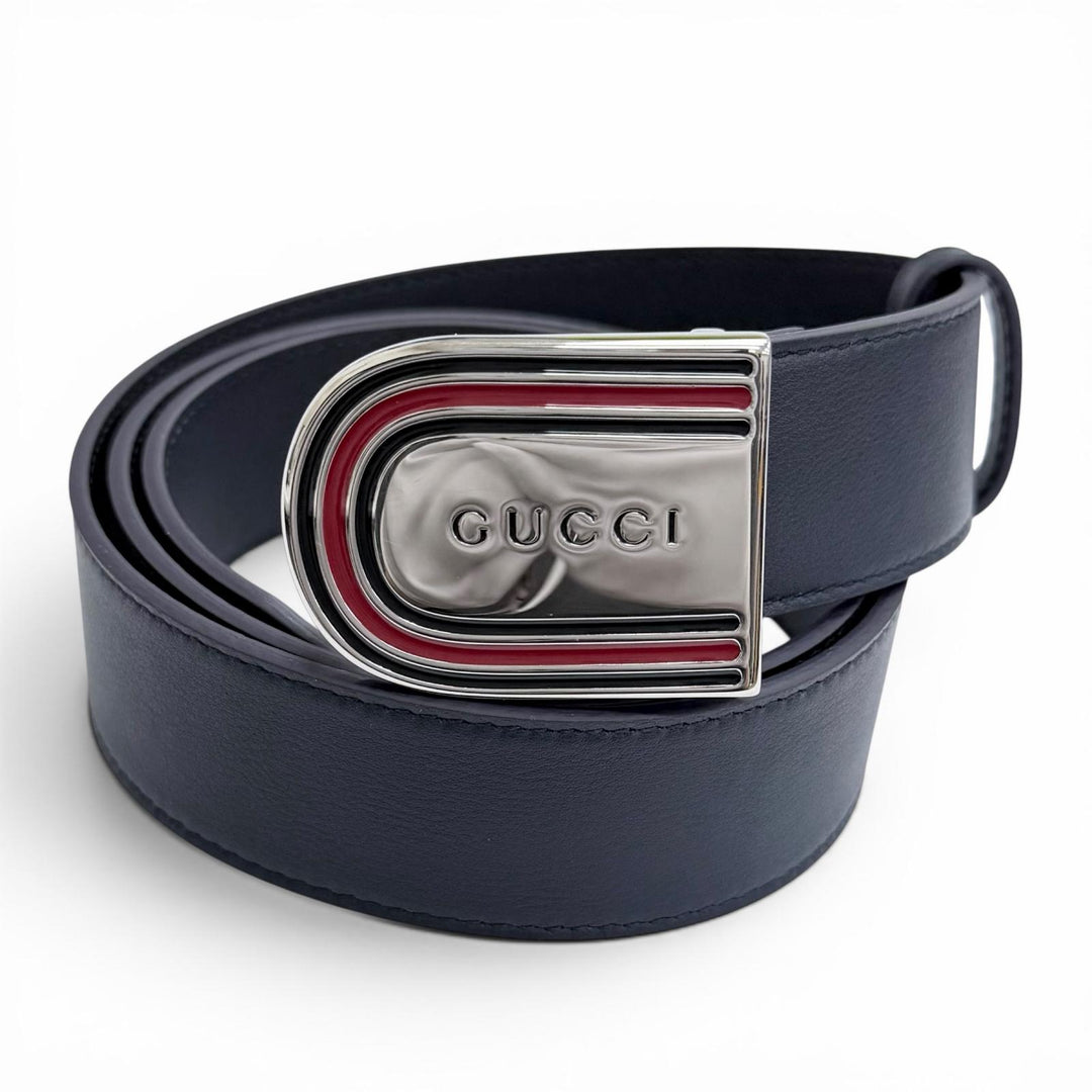 Pristine GUCCI belt Web detail buckle leather Navy leather mens 838647 DAAAT