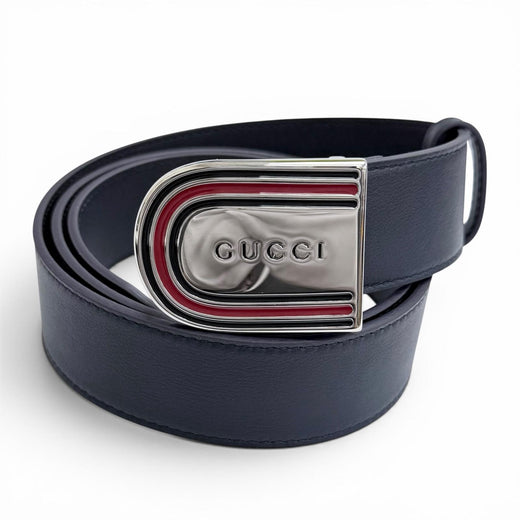 Pristine GUCCI belt Web detail buckle leather Navy leather mens 838647 DAAAT