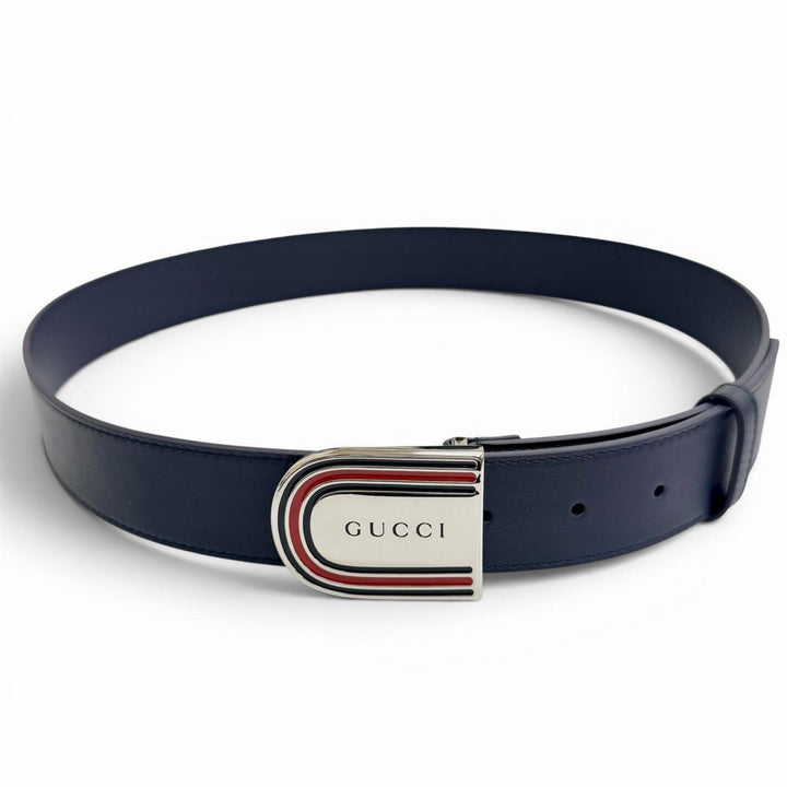 Pristine GUCCI belt Web detail buckle leather Navy leather mens 838647 DAAAT