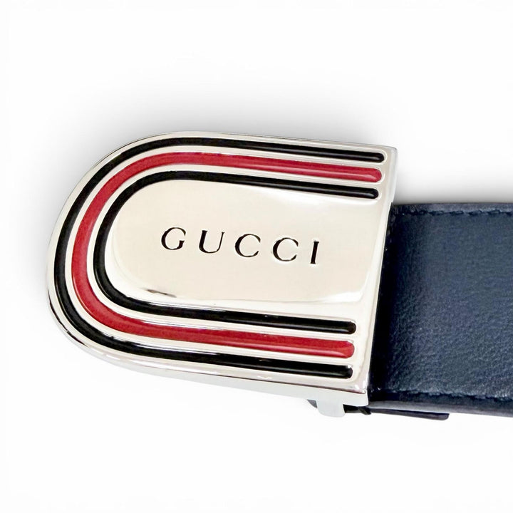 Pristine GUCCI belt Web detail buckle leather Navy leather mens 838647 DAAAT