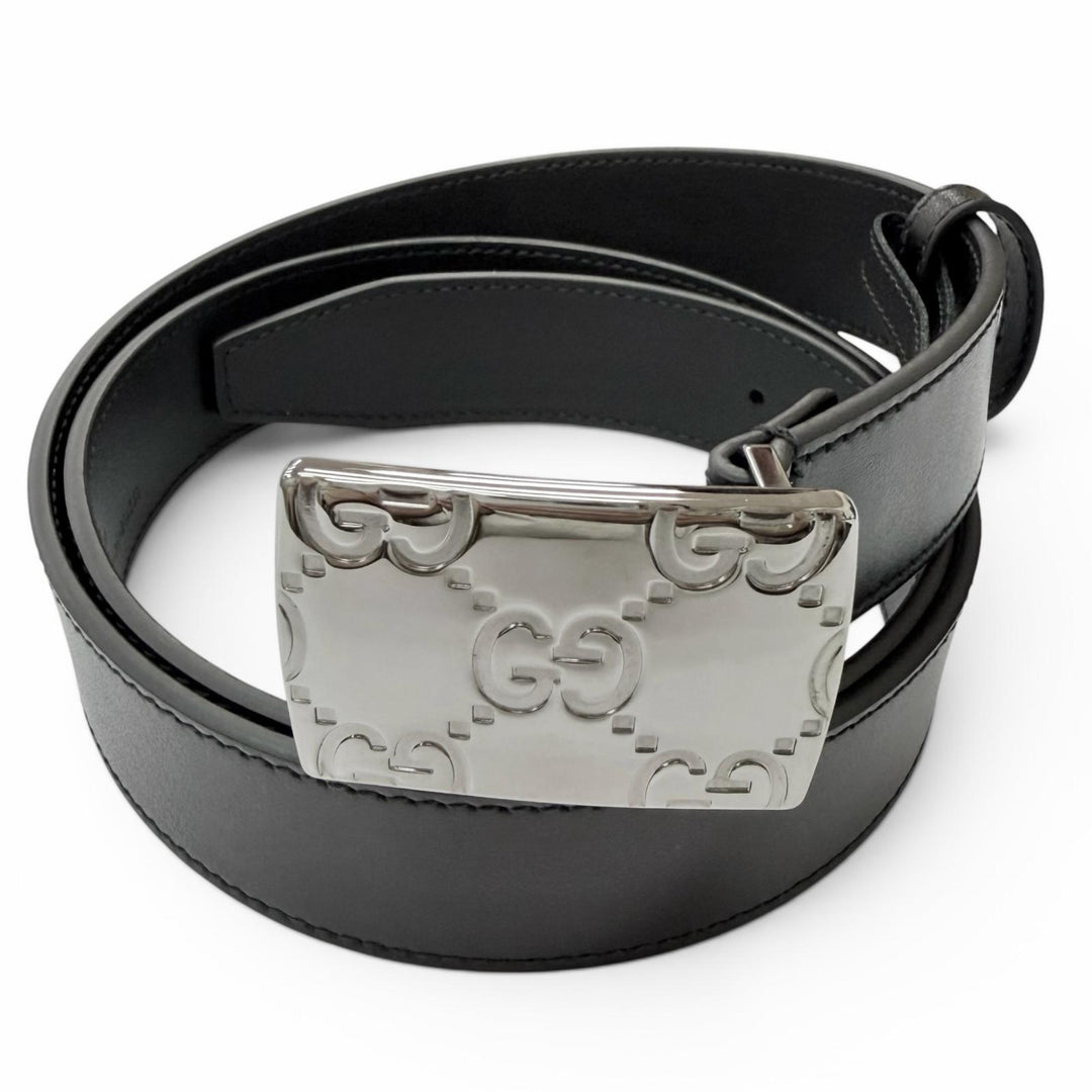 Excellent GUCCI belt GG logo buckle black leather mens 838748