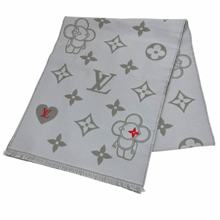Excellent LOUIS VUITTON Scarf Vivienne CVD With fringe gray wool Women M79124