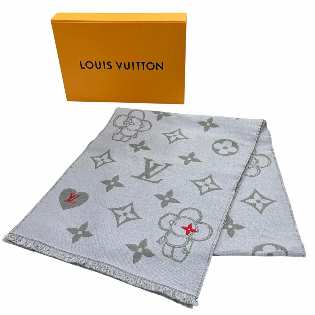 Excellent LOUIS VUITTON Scarf Vivienne CVD With fringe gray wool Women M79124
