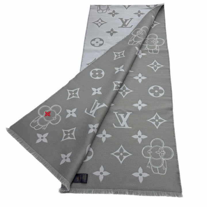 Excellent LOUIS VUITTON Scarf Vivienne CVD With fringe gray wool Women M79124