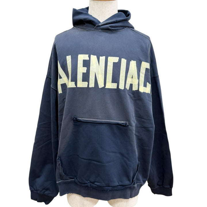 Pristine BALENCIAGA hoodie Tape logo distressed pullover Navy cotton