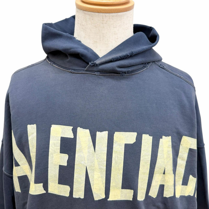 Pristine BALENCIAGA hoodie Tape logo distressed pullover Navy cotton