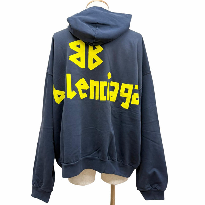 Pristine BALENCIAGA hoodie Tape logo distressed pullover Navy cotton