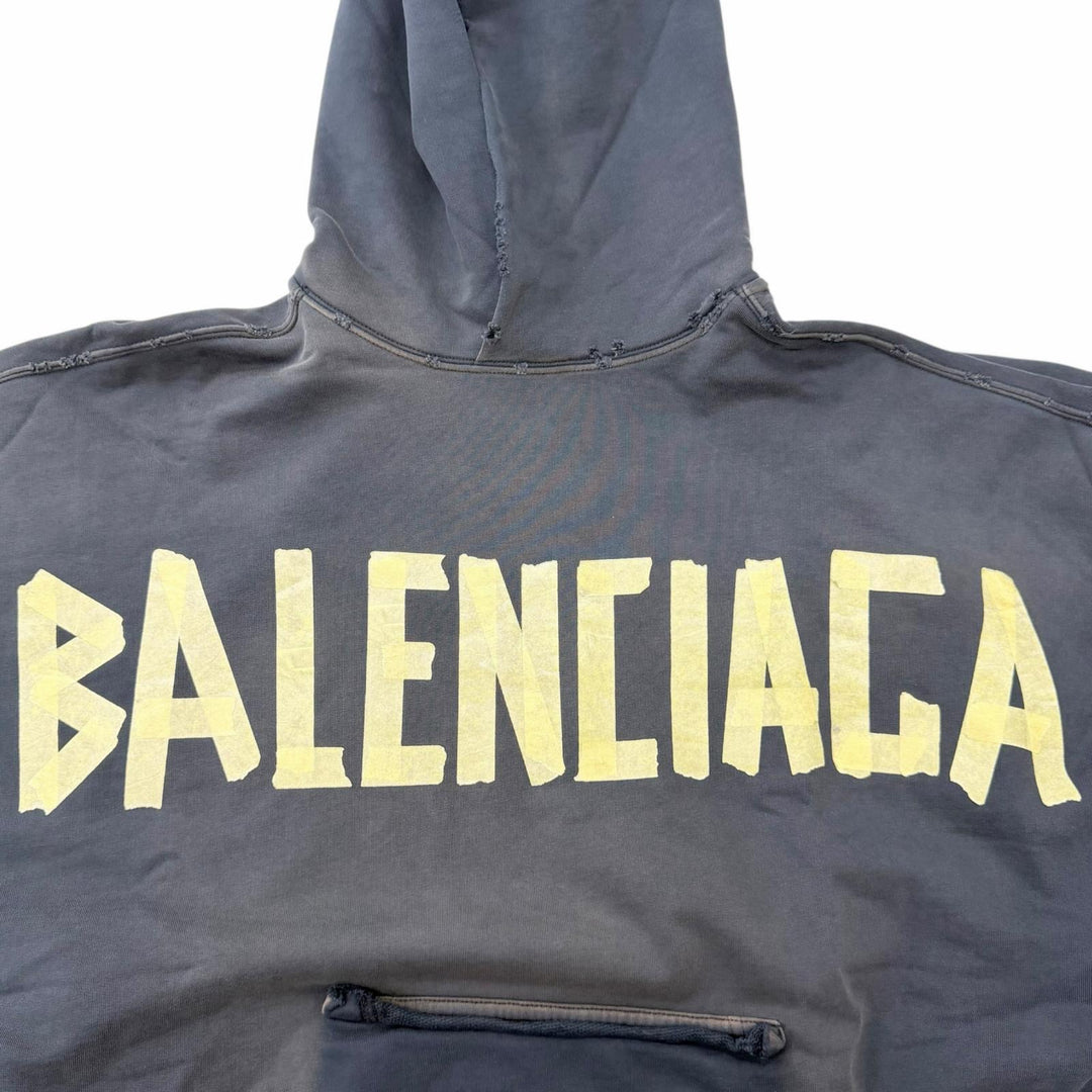 Pristine BALENCIAGA hoodie Tape logo distressed pullover Navy cotton