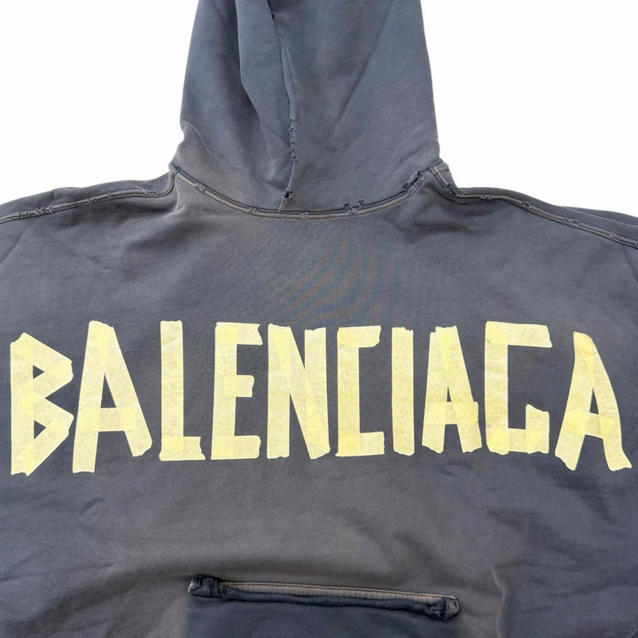 Pristine BALENCIAGA hoodie Tape logo distressed pullover Navy cotton