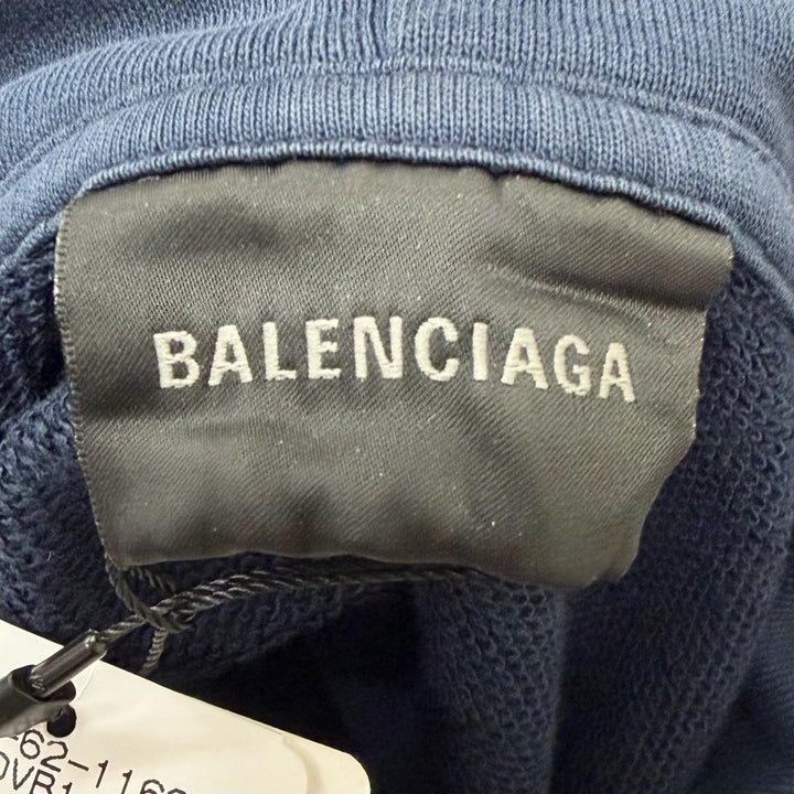 Pristine BALENCIAGA hoodie Tape logo distressed pullover Navy cotton