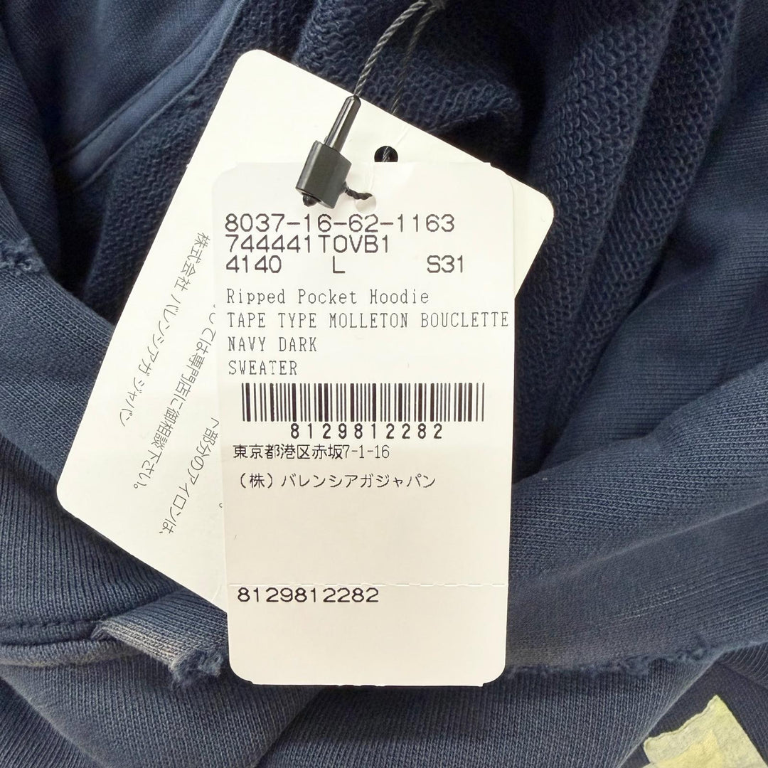 Pristine BALENCIAGA hoodie Tape logo distressed pullover Navy cotton