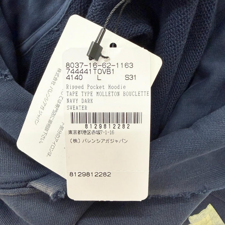 Pristine BALENCIAGA hoodie Tape logo distressed pullover Navy cotton