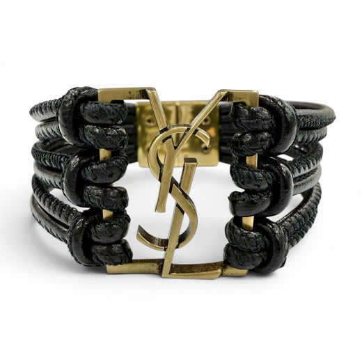 Great SAINT LAURENT bracelet The Babylon Code YSL logo black leather Women S