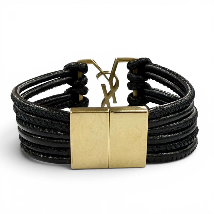 Great SAINT LAURENT bracelet The Babylon Code YSL logo black leather Women S