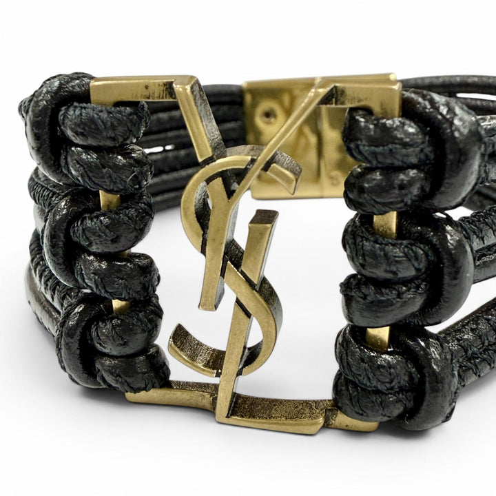 Great SAINT LAURENT bracelet The Babylon Code YSL logo black leather Women S