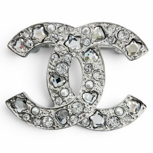 Excellent CHANEL Brooch COCO Mark Star Heart F Pearl Rhinestone Silver B25P